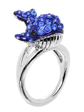 Blue Gem Silver Tone Paved Splashing Whale Ring